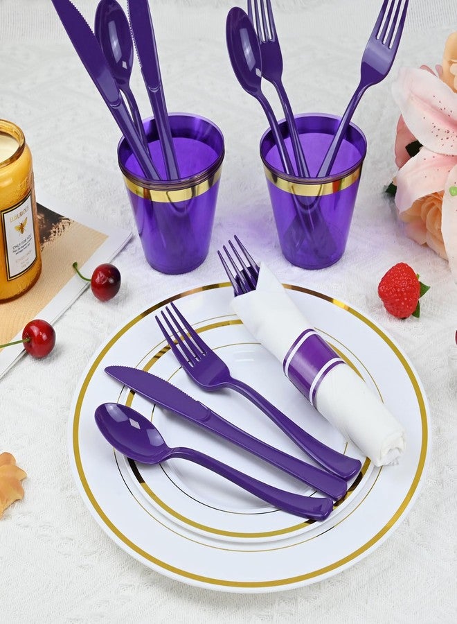 pyntop 30 Pack Pre Rolled Purple Plastic Silverware with Napkins - Disposable Cutlery Set with Forks, Knives, Spoons & Linen-Like Dinner Napkins, Wrapped Plastic Utensils for Weddings, Parties & Events - Image 5